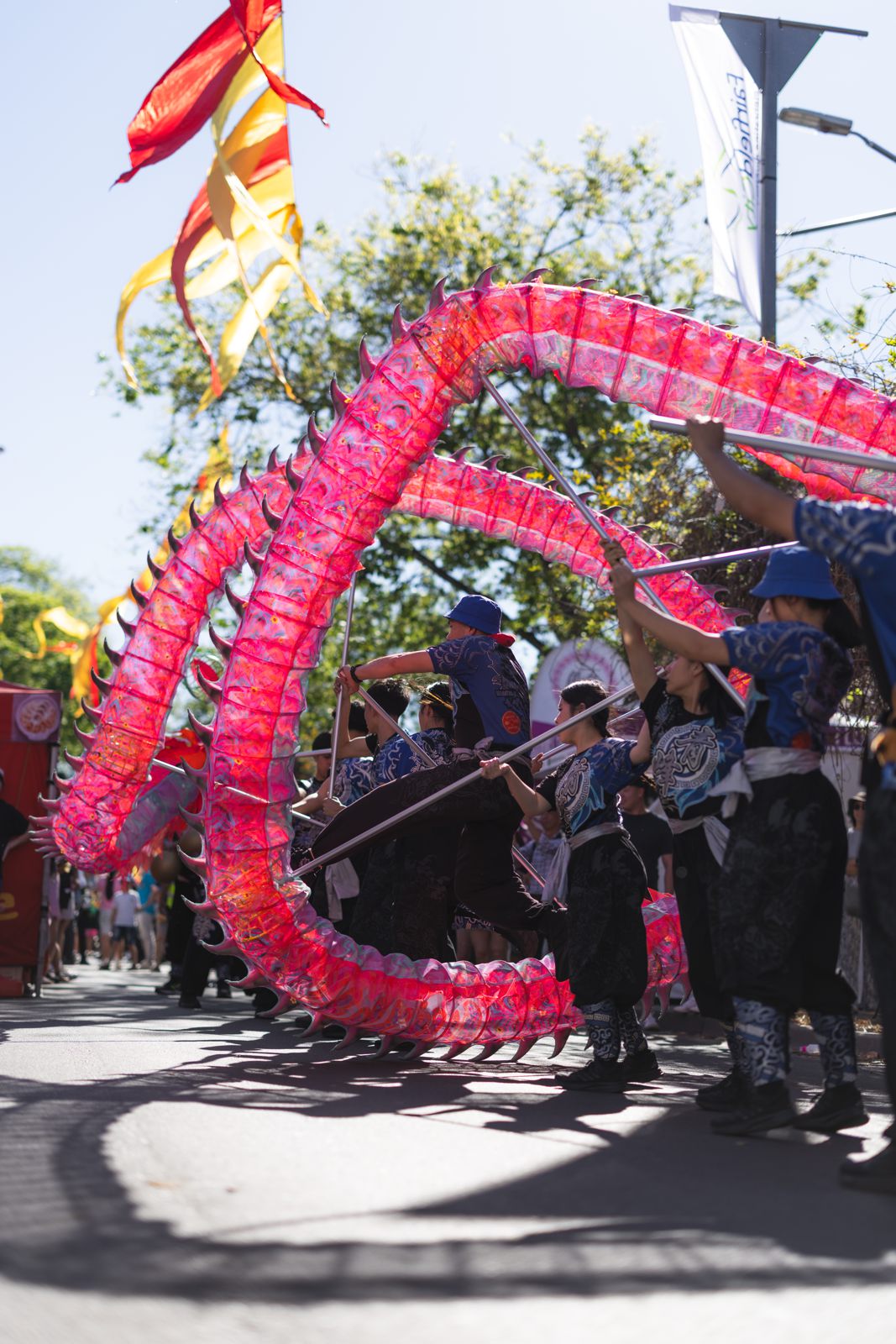 Pink dragon dance in the street