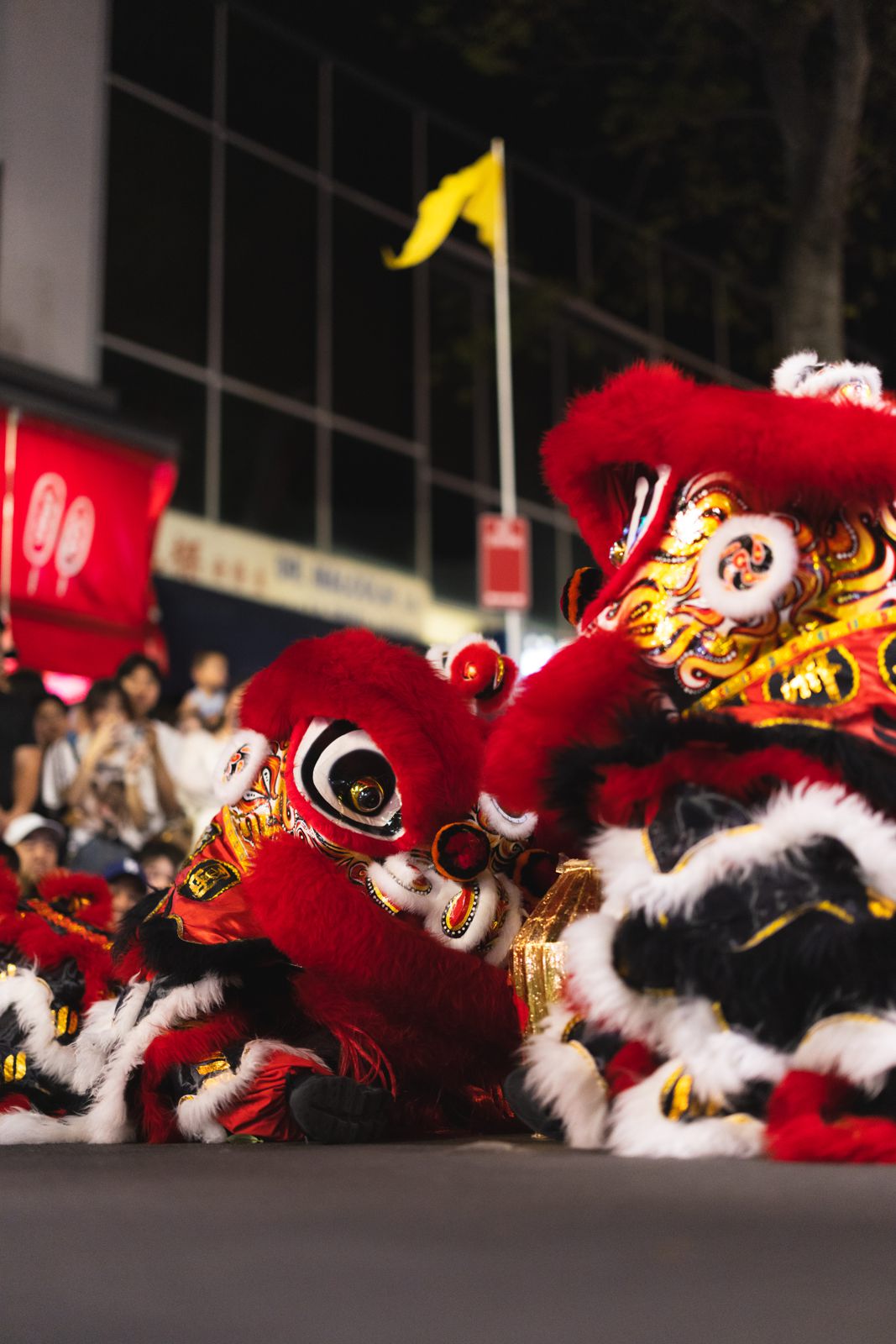 Red lion dance heads close-up